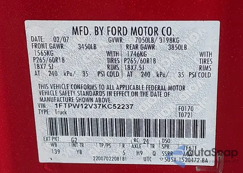 2007 Ford F150 Supercrew from USA, damaged, VIN 1FTPW12V37KC52237